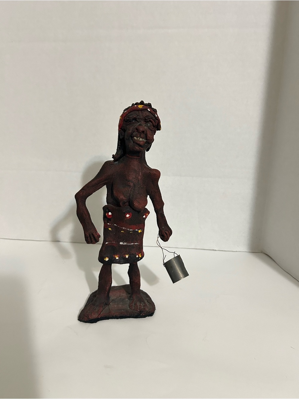 Aboriginal Clay Figure With Metal Bucket Hand painted Hand Made Decorative Art